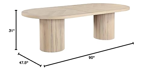 Meridian Furniture 725Oak-T Belinda Collection Mid-Century Modern Solid Wood White Oak Veneer Dining Table, Oval Design, Fluted Bases, 2 Leaves Included, 90"/106.5"/123" W x 47.5" D x 31" H, White