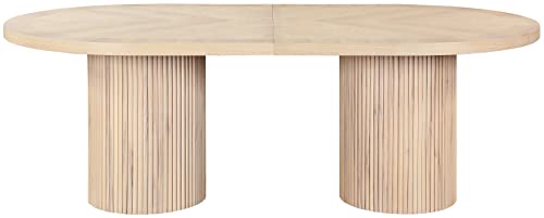 Meridian Furniture 725Oak-T Belinda Collection Mid-Century Modern Solid Wood White Oak Veneer Dining Table, Oval Design, Fluted Bases, 2 Leaves Included, 90"/106.5"/123" W x 47.5" D x 31" H, White