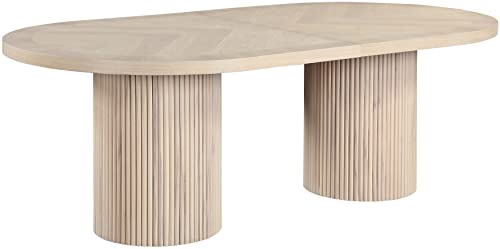 Meridian Furniture 725Oak-T Belinda Collection Mid-Century Modern Solid Wood White Oak Veneer Dining Table, Oval Design, Fluted Bases, 2 Leaves Included, 90"/106.5"/123" W x 47.5" D x 31" H, White