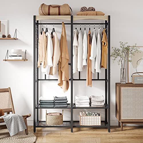 Bestier Metal Freestanding Wardrobe Storage Unit with Wooden Top Shelf and Built In Color Changing Lights with 7 Colors and 20 Dynamic Modes, Black