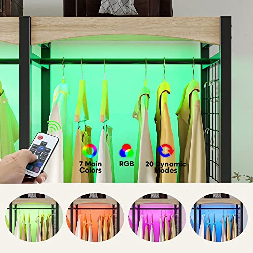 Bestier Metal Freestanding Wardrobe Storage Unit with Wooden Top Shelf and Built In Color Changing Lights with 7 Colors and 20 Dynamic Modes, Black