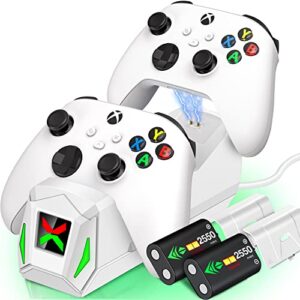 controller charger station with 2x2550mah rechargeable battery packs for xbox one/x/s/elite/xbox series x|s, high speed charging dock with 4 batteries cover for xbox one controller battery pack, white
