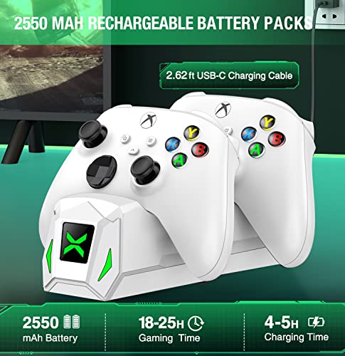 Controller Charger Station with 2x2550mAh Rechargeable Battery Packs for Xbox One/X/S/Elite/Xbox Series X|S, High Speed Charging Dock with 4 Batteries Cover for Xbox One Controller Battery Pack, White