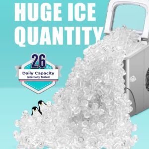 Silonn Ice Maker Machine for Countertop, 9 Bullet Cubes Ready in 6 Minutes, 26lbs 24Hrs Portable Self-Cleaning, 2 Sizes of Bullet-Shaped Home Kitchen Office Bar Party, Silver (WSIM02)
