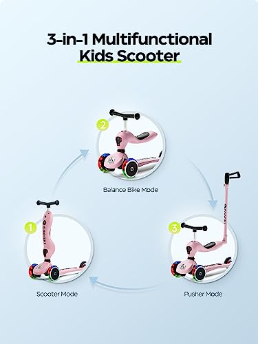 COOGHI Toddler Scooter, 3-in-1 Kids Scooter with Flashing Wheels & Kids Helmet Pads Set for Scooter Skateboarding Skating Biking BMX Skiing