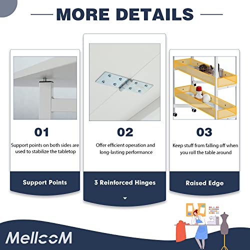MELLCOM Home Hobby Craft Table with Storage Shelves, Mobile Folding Cutting Table for Large Fabric, Foldable Table for Home Office Sewing Room Craft Room, Fixed Height 35.5in