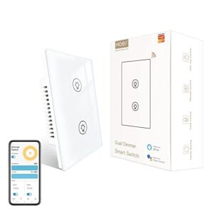 moes dual dimmer switch, double dimmer switch for led lights, full range dimming, wifi smart light switch neutral wire required, single pole, 300w inc, 75w led/cfl, smart life/tuya app remote control
