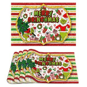 linen grinch placemats set of 4 merry grinchmas table mats grinch christmas decorations and supplies for home kitchen table-12×18''