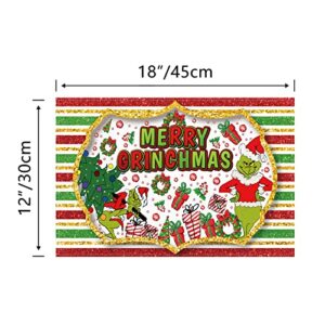 Linen Grinch Placemats Set of 4 Merry Grinchmas Table Mats Grinch Christmas Decorations and Supplies for Home Kitchen Table-12×18''