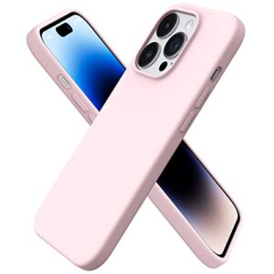 ornarto compatible with iphone 14 pro case 6.1, slim liquid silicone 3 layers full covered soft gel rubber phone case protective cover with microfiber lining 6.1 inch-chalk pink