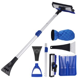 ice scraper and snow brush, 7 in 1 detachable snow brush for car windshield, 23.5" to 40" extendable snow shovel with squeegee, gloves, 360°pivoting snow scraper for car auto suv truck (blue)