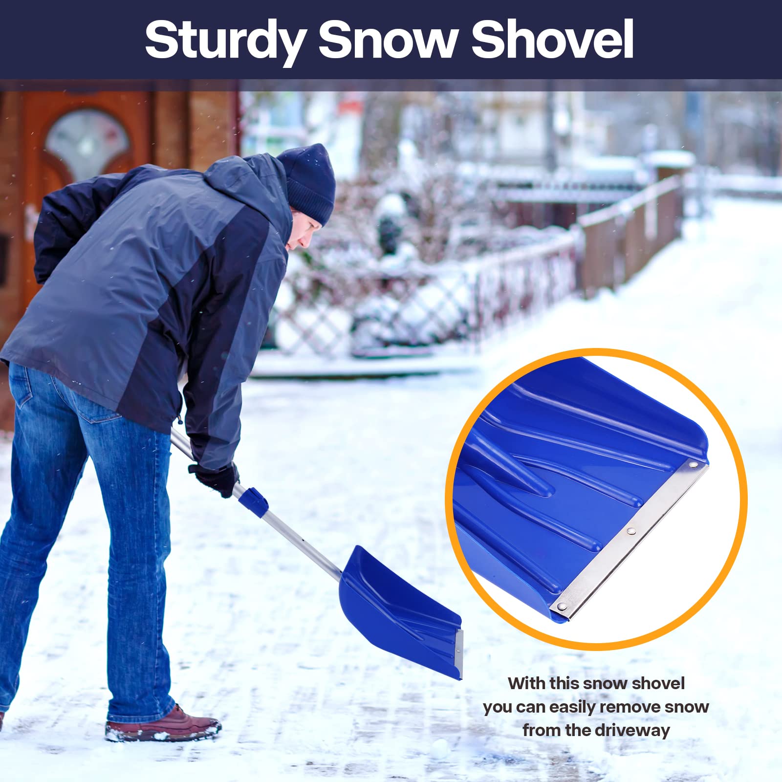 Ice Scraper and Snow Brush, 7 in 1 Detachable Snow Brush for Car Windshield, 23.5" to 40" Extendable Snow Shovel with Squeegee, gloves, 360°Pivoting Snow Scraper for Car Auto SUV Truck (Blue)