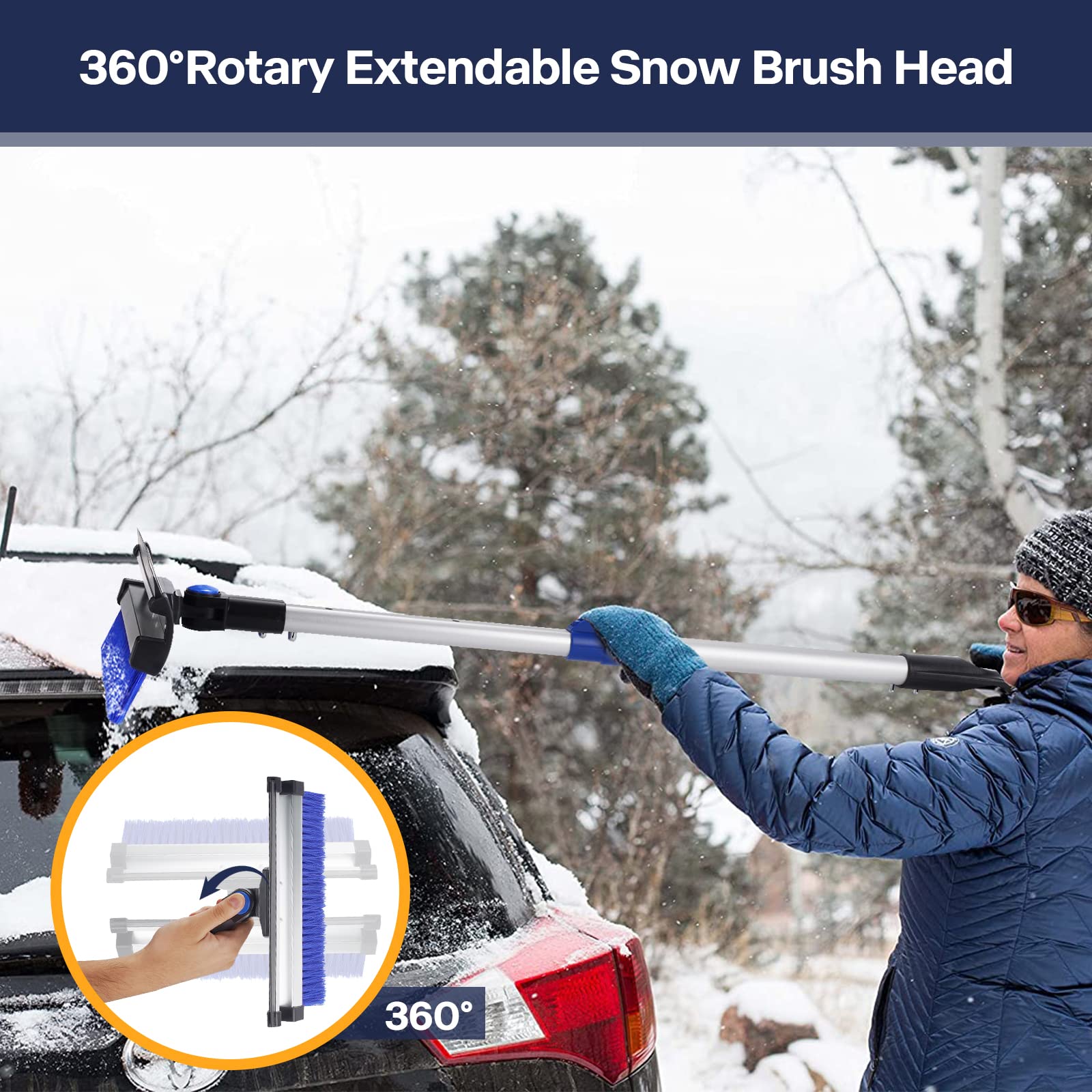 Ice Scraper and Snow Brush, 7 in 1 Detachable Snow Brush for Car Windshield, 23.5" to 40" Extendable Snow Shovel with Squeegee, gloves, 360°Pivoting Snow Scraper for Car Auto SUV Truck (Blue)