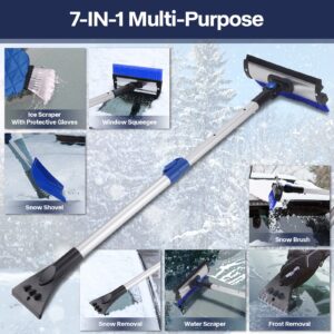 Ice Scraper and Snow Brush, 7 in 1 Detachable Snow Brush for Car Windshield, 23.5" to 40" Extendable Snow Shovel with Squeegee, gloves, 360°Pivoting Snow Scraper for Car Auto SUV Truck (Blue)