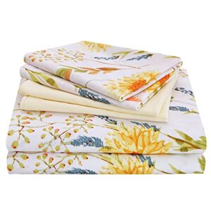 jsd 6 piece yellow floral print sheet set queen size, soft botanical microfiber sheets and pillowcases deep pocket