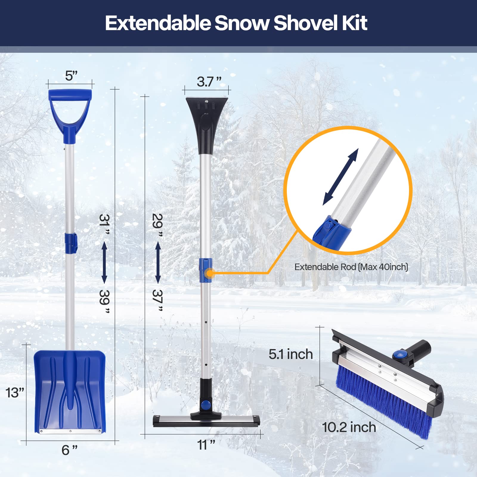 Ice Scraper and Snow Brush, 7 in 1 Detachable Snow Brush for Car Windshield, 23.5" to 40" Extendable Snow Shovel with Squeegee, gloves, 360°Pivoting Snow Scraper for Car Auto SUV Truck (Blue)