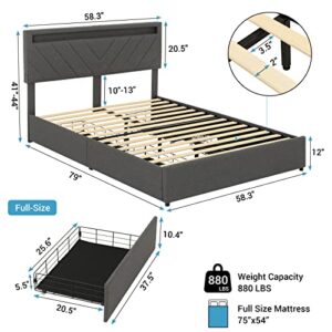 Tiptiper Full Size Bed Frame with LED Headboard, 2 USB Charging Station, Platform Bed Frame with Storage Drawers, No Box Spring Needed, Easy Assembly, Dark Grey