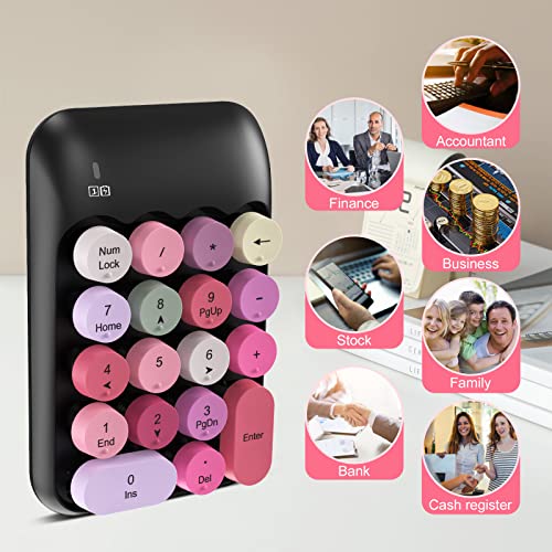 PINKCAT Wireless Number Pad, Cute 18 Keys Numeric Keypad with 2.4G Mini USB Receiver, Portable Silent Number Numpad Financial Accounting for Laptop, PC, Notebook, Desktop, Surface - Black Mix