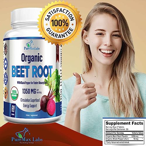 YUMMYVITE Organic Beet Root Powder Tablets - 1350mg with Black Pepper for Faster Absorption - Boosts Nitric Oxide for Energy and Stamina - 60 Tablets