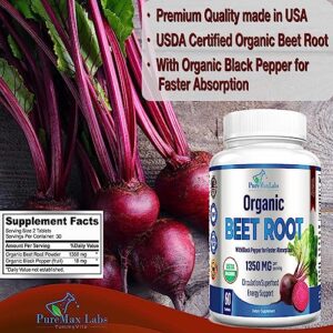 YUMMYVITE Organic Beet Root Powder Tablets - 1350mg with Black Pepper for Faster Absorption - Boosts Nitric Oxide for Energy and Stamina - 60 Tablets