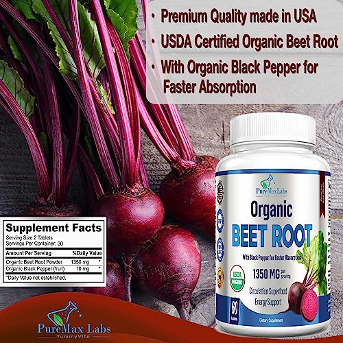 YUMMYVITE Organic Beet Root Powder Tablets - 1350mg with Black Pepper for Faster Absorption - Boosts Nitric Oxide for Energy and Stamina - 60 Tablets