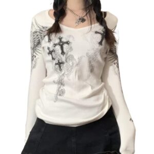 long sleeve fairy grunge tops y2k graphic tee shirts fairycore 2000s clothing for women 90s aesthetic tops (white cross, large)