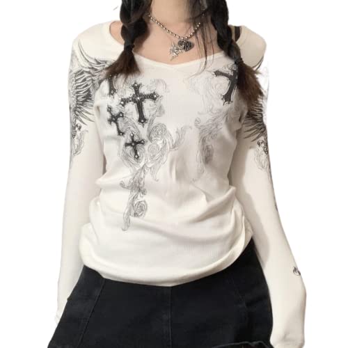 Long Sleeve Fairy Grunge Tops Y2k Graphic Tee Shirts Fairycore 2000s Clothing for Women 90s Aesthetic Tops (White Cross, Large)