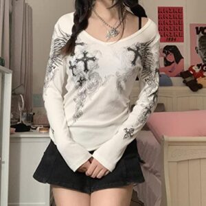 Long Sleeve Fairy Grunge Tops Y2k Graphic Tee Shirts Fairycore 2000s Clothing for Women 90s Aesthetic Tops (White Cross, Large)