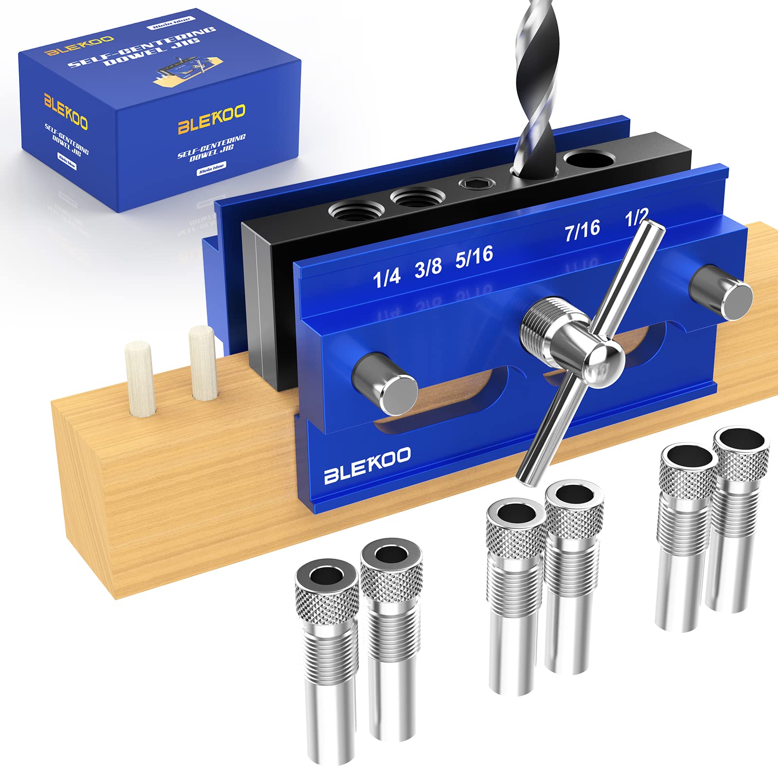 BLEKOO Self Centering Doweling Jig Kit, Drill Jig For Straight Holes Biscuit Joiner Set With 6 Drill Guide Bushings, Adjustable Width Drilling Guide Power Tool Accessory Jigs (Blue)