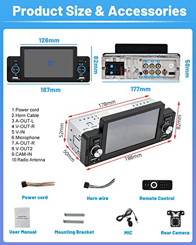 5'' Single Din Apple Carplay Car Stereo with Android Auto, Hikity HD Touch Screen Car Radio Bluetooth 5.1, Mirror Link, FM, Siri, SWC, Dual USB Input, Car Audio with Mic, Remote Control, Backup Cam