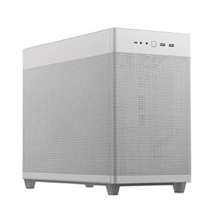 asus prime ap201 33-liter microatx white case with tool-free side panels and a quasi-filter mesh, with support for 360 mm coolers, graphics cards up to 338 mm long, and standard atx psus