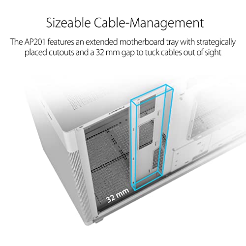 ASUS Prime AP201 33-Liter MicroATX White case with Tool-Free Side Panels and a Quasi-Filter mesh, with Support for 360 mm Coolers, Graphics Cards up to 338 mm Long, and Standard ATX PSUs