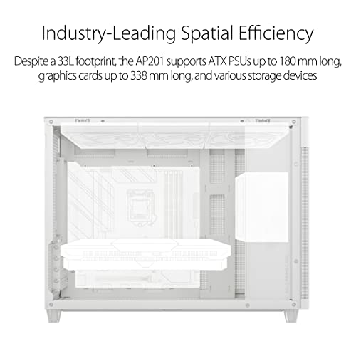 ASUS Prime AP201 33-Liter MicroATX White case with Tool-Free Side Panels and a Quasi-Filter mesh, with Support for 360 mm Coolers, Graphics Cards up to 338 mm Long, and Standard ATX PSUs