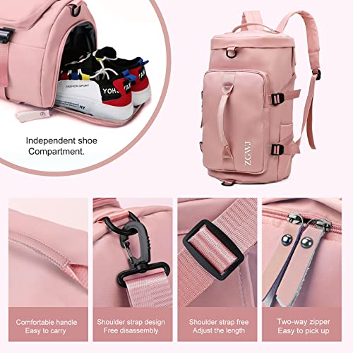 ZGWJ Sports Gym Bag with Wet Pocket & Shoes Compartment, Waterproof Shoulder Weekender Bag for Women and Men Swim Sports Travel Duffel Bag Lightweight and easy Carry on Light Pink