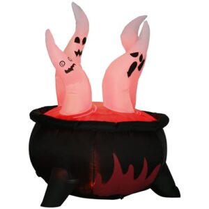 outsunny 4ft halloween inflatables outdoor decrations white ghosts in red cauldron, blow up led yard decor for garden, lawn, party, holiday