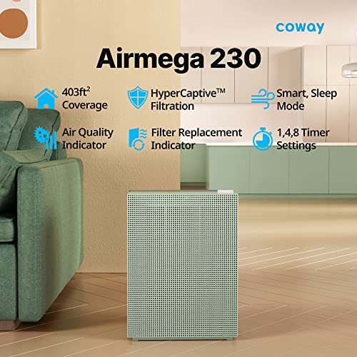 Coway Airmega 230 True HEPA Air Purifier with Air Quality Monitoring, Auto, and Filter Indicator, Sage Green