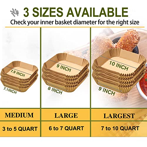 10 Inch Largest Square Air Fryer Disposable Paper Liner, XXL 100Pcs Air Fryer Parchment Paper Liners for 8QT or Bigger Air Fryer, Non-stick, Food Grade Baking Paper for Frying, Roasting and Microwave