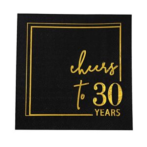 cheers to 30 years cocktail napkins - 50pk - 3-ply 30th birthday napkins 5x5 inches disposable party napkins paper beverage napkins for 30th birthday decorations wedding anniversary black and gold