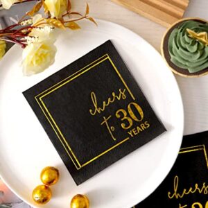 Cheers to 30 Years Cocktail Napkins - 50PK - 3-Ply 30th Birthday Napkins 5x5 Inches Disposable Party Napkins Paper Beverage Napkins for 30th Birthday Decorations Wedding Anniversary Black and Gold