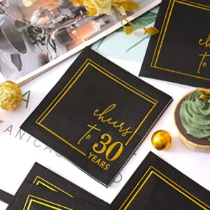 Cheers to 30 Years Cocktail Napkins - 50PK - 3-Ply 30th Birthday Napkins 5x5 Inches Disposable Party Napkins Paper Beverage Napkins for 30th Birthday Decorations Wedding Anniversary Black and Gold