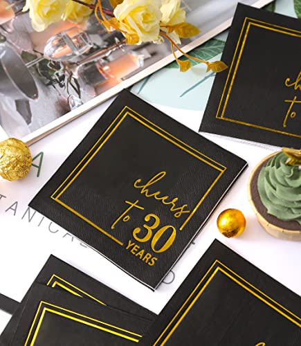 Cheers to 30 Years Cocktail Napkins - 50PK - 3-Ply 30th Birthday Napkins 5x5 Inches Disposable Party Napkins Paper Beverage Napkins for 30th Birthday Decorations Wedding Anniversary Black and Gold