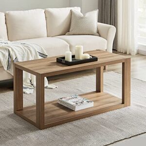 sicotas farmhouse wood coffee table - boho table with storage shelf, rectangle center table wood look accent table, 2-tier sofa side table mid century modern coffee table living room furniture