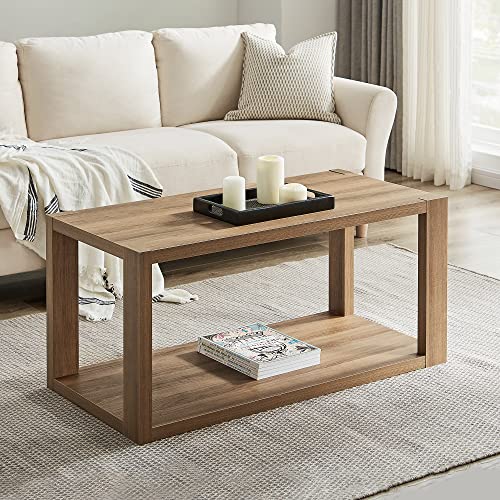 SICOTAS Farmhouse Wood Coffee Table - Boho Table with Storage Shelf, Rectangle Center Table Wood Look Accent Table, 2-Tier Sofa Side Table Mid Century Modern Coffee Table Living Room Furniture