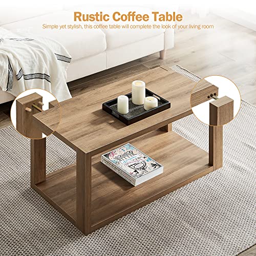 SICOTAS Farmhouse Wood Coffee Table - Boho Table with Storage Shelf, Rectangle Center Table Wood Look Accent Table, 2-Tier Sofa Side Table Mid Century Modern Coffee Table Living Room Furniture