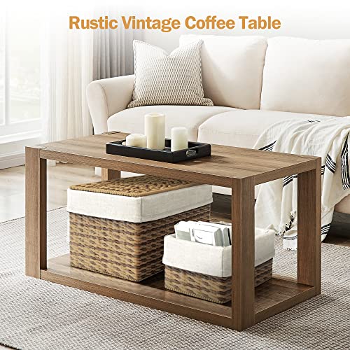 SICOTAS Farmhouse Wood Coffee Table - Boho Table with Storage Shelf, Rectangle Center Table Wood Look Accent Table, 2-Tier Sofa Side Table Mid Century Modern Coffee Table Living Room Furniture