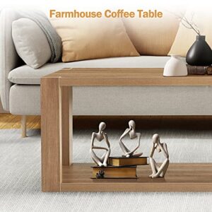 SICOTAS Farmhouse Wood Coffee Table - Boho Table with Storage Shelf, Rectangle Center Table Wood Look Accent Table, 2-Tier Sofa Side Table Mid Century Modern Coffee Table Living Room Furniture