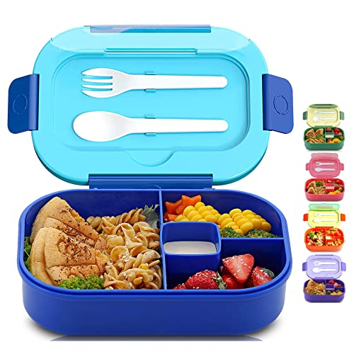 Mr.Dakai Bento Lunch Box for Kids Go to School, Adults Work, BPA-Free 4 Compartment Lunch Box Containers with Utensil Set, Leak-Proof Salad Snack Boxes, Microwave and Food-Safe Materials, Blue