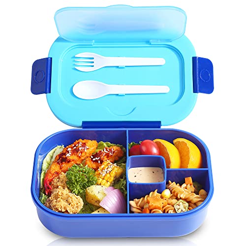 Mr.Dakai Bento Lunch Box for Kids Go to School, Adults Work, BPA-Free 4 Compartment Lunch Box Containers with Utensil Set, Leak-Proof Salad Snack Boxes, Microwave and Food-Safe Materials, Blue