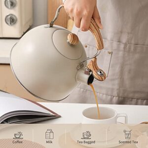 LONFFERY Tea Kettle, 2.5 Quart Whistling Tea Kettle, Tea Pots for Stove Top Food Grade Stainless Steel with Wood Pattern Folding Handle - Creamy White