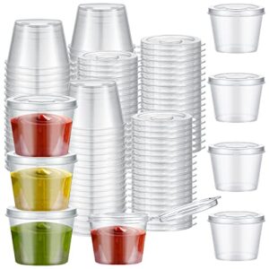 60 pack plastic condiment souffle containers with attached lids 1 oz, mini sauce cups jelly shot cups leak proof portion cup small disposable souffle cups with lids for salad dressing sauces